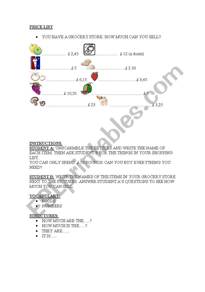 SHOPPING LIST Part 2 worksheet