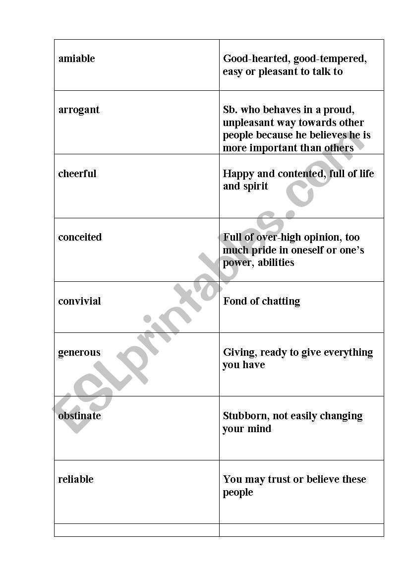 Character adjectives worksheet