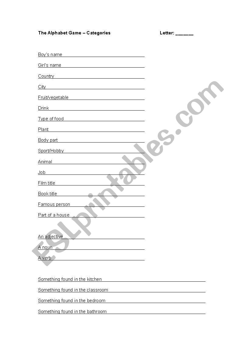 English Worksheets The Alphabet Game Categories
