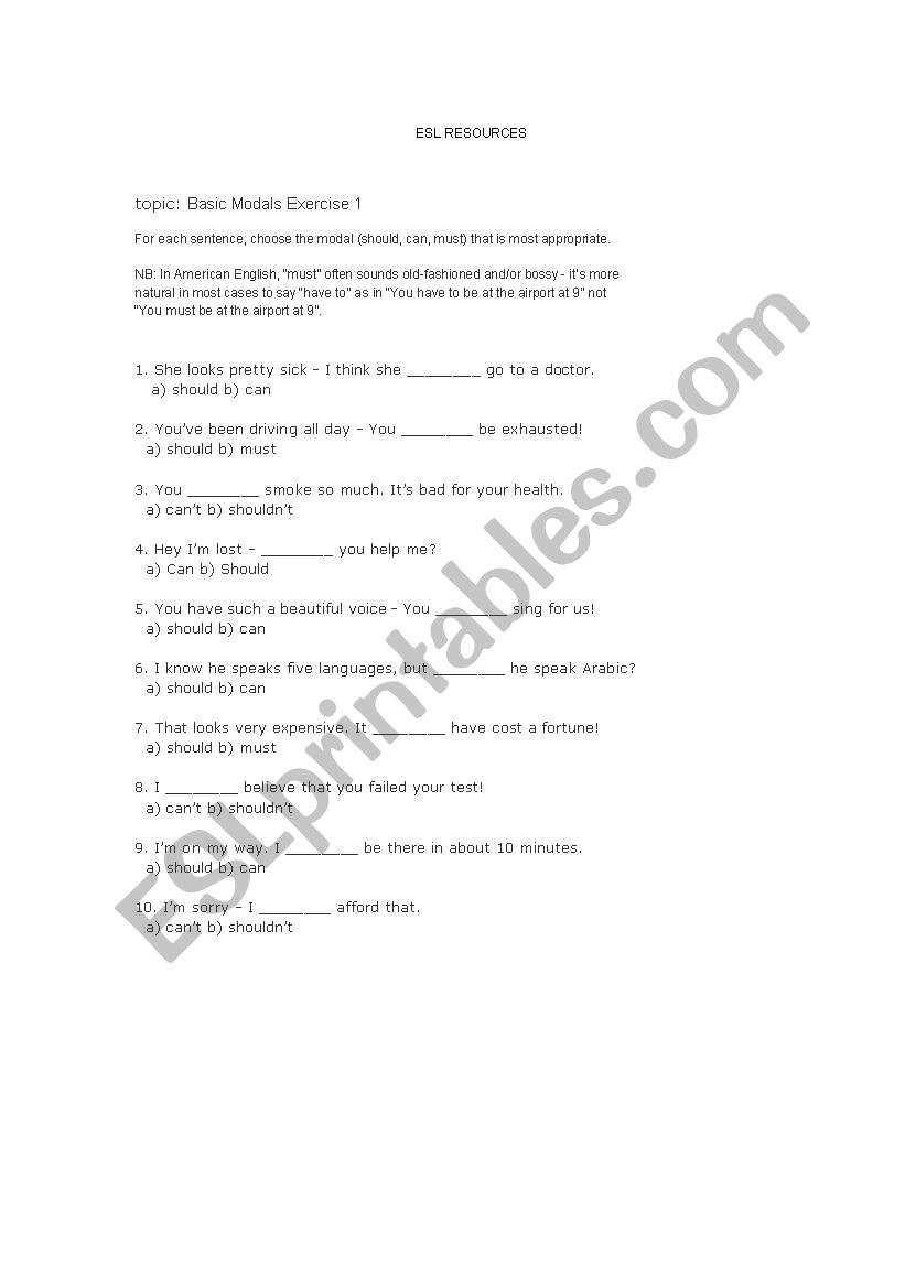 Basic modals worksheet