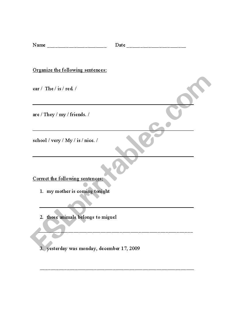 English worksheets: Sentence structure excercise