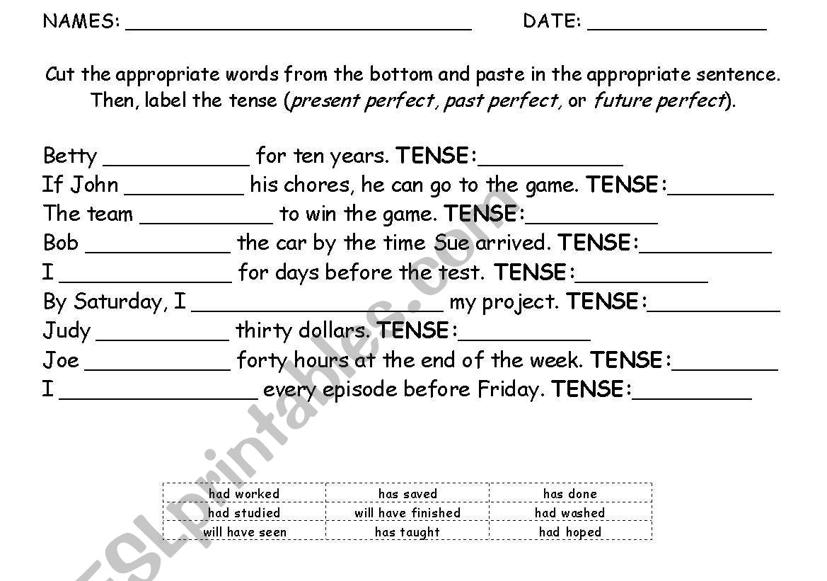 Perfect Tense Verbs worksheet