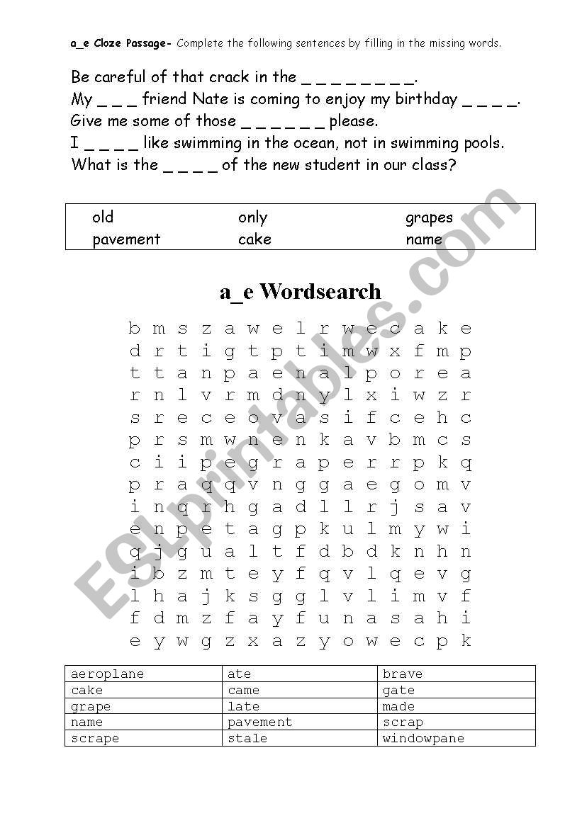 a_e Cloze Passage and Wordsearch