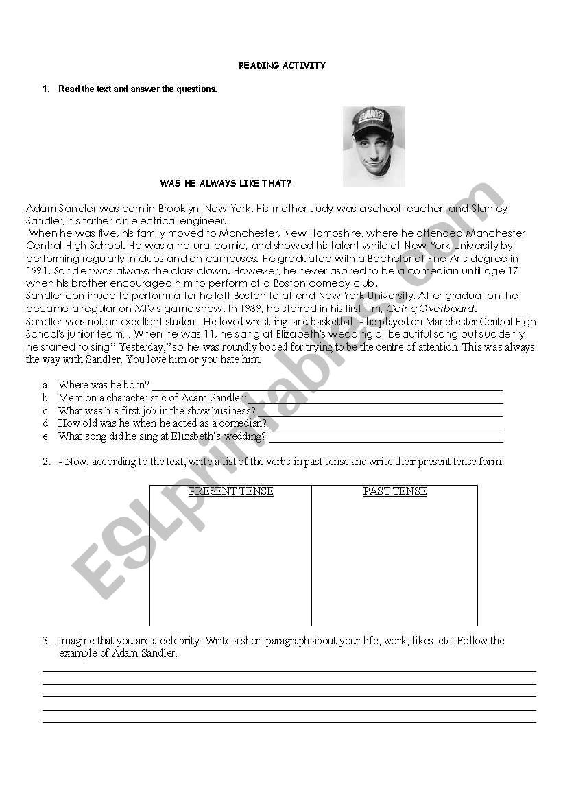 English worksheets: ADAM SANDLER´S BIOGRAPHY