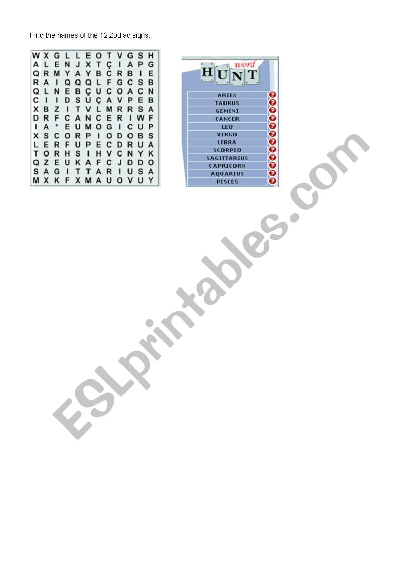 ZODIAC SIGNS - WORD HUNT worksheet