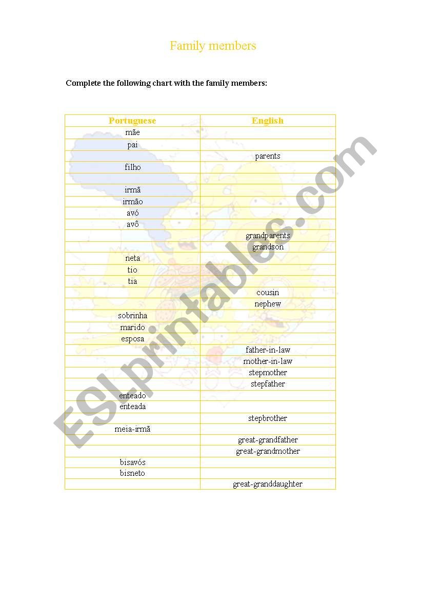 Family members worksheet