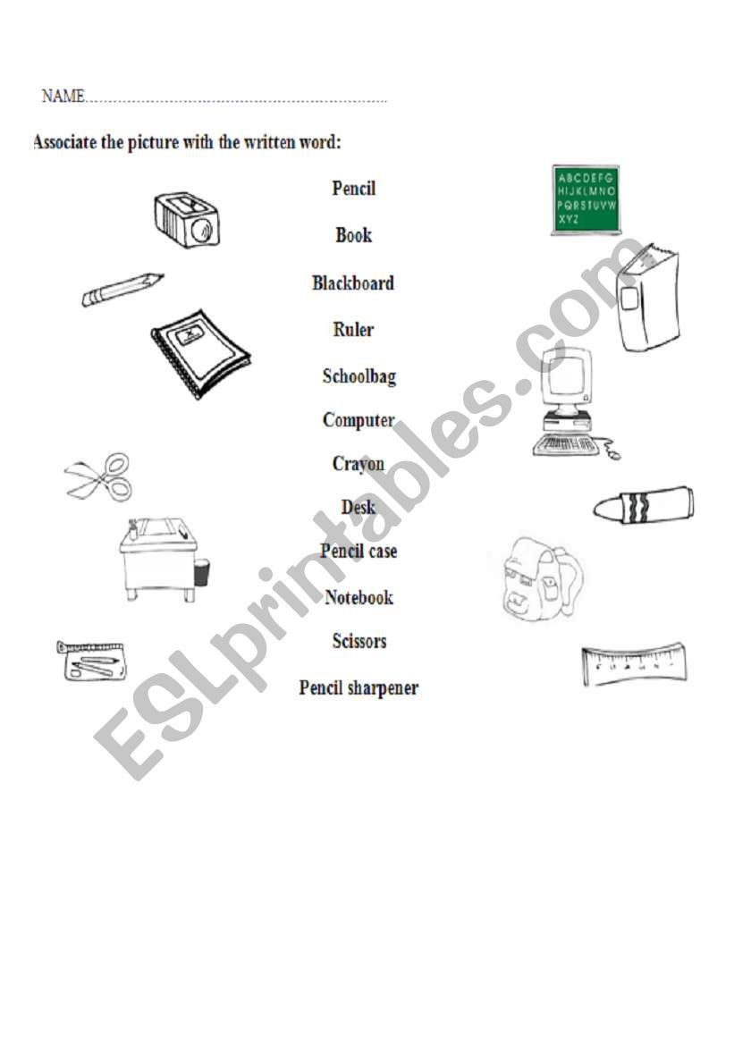 school objects, association picture-word