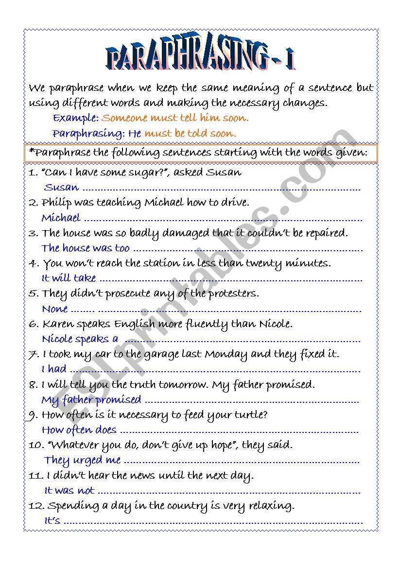 worksheet paraphrasing exercises with answers