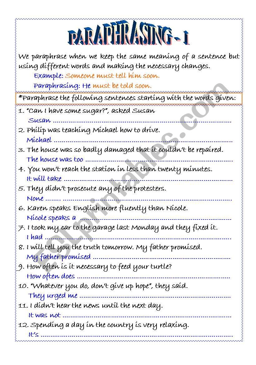 Paraphrasing 1 ESL Worksheet By Encarnara