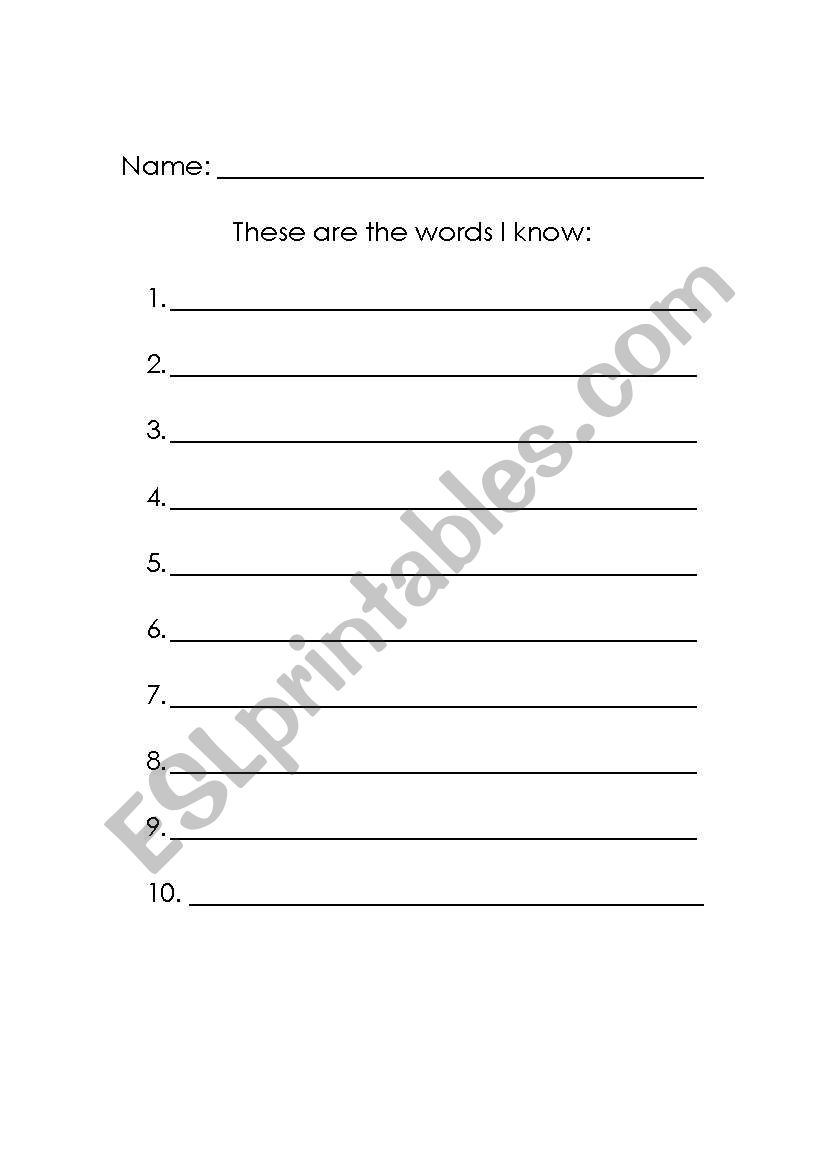 Words I can write worksheet