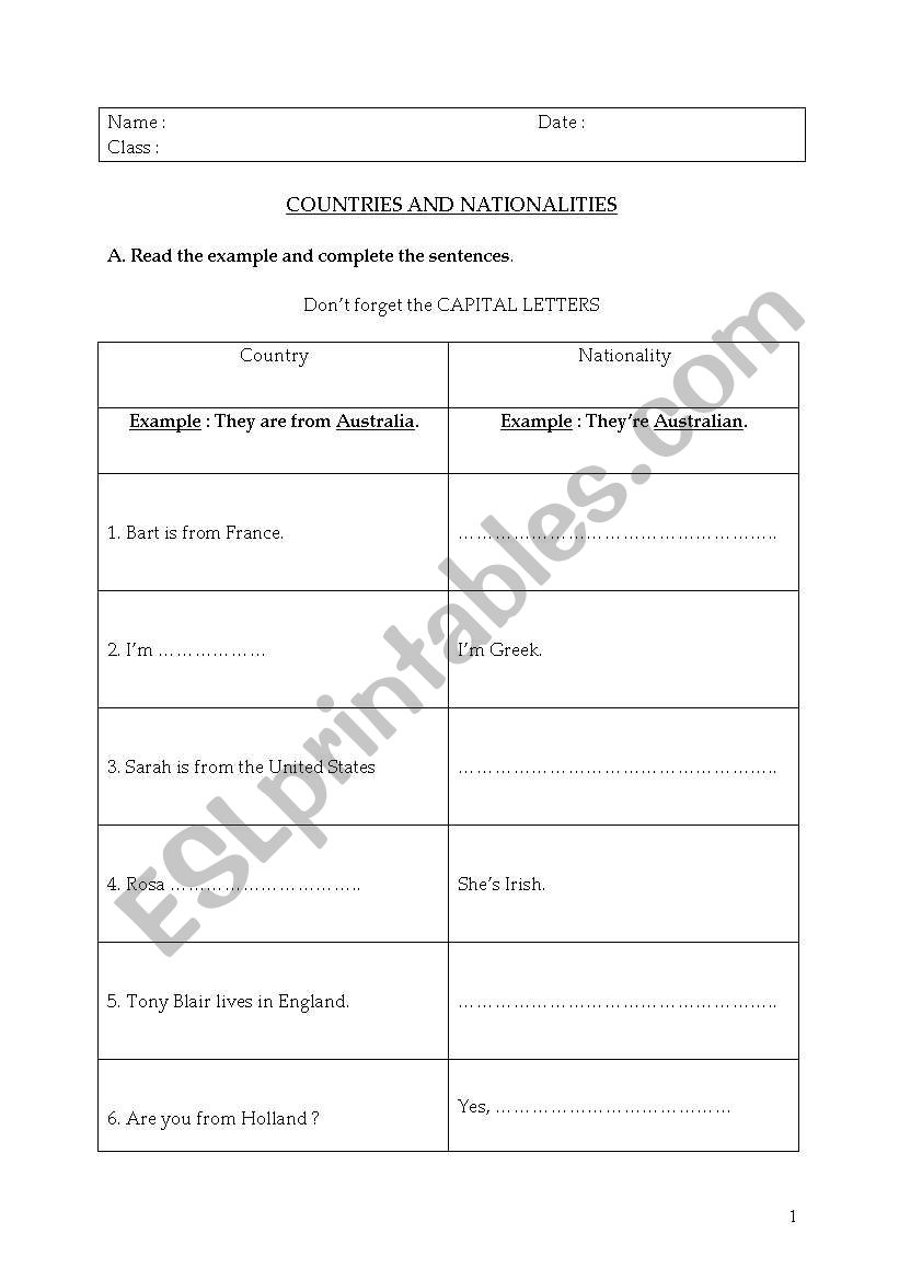 Test nations and countries worksheet
