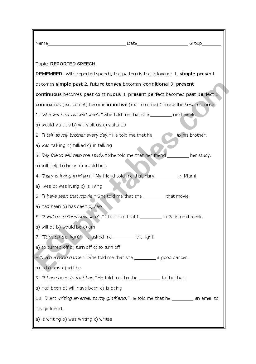 reported speech quiz class 10