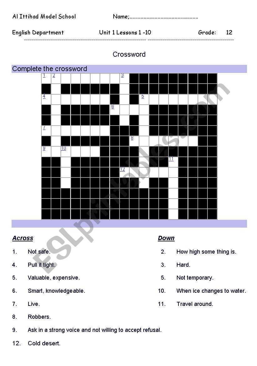 Crossword worksheet