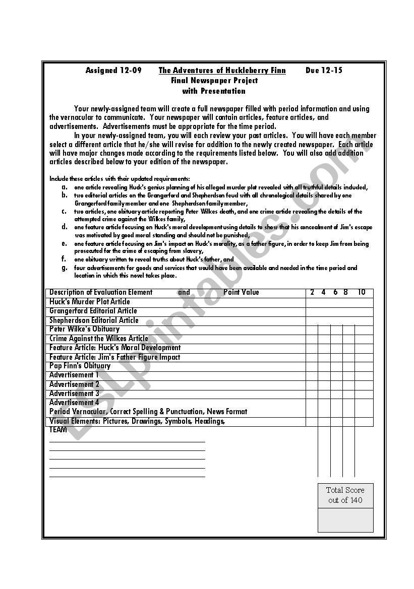 Huck Finn Newspaper Project worksheet