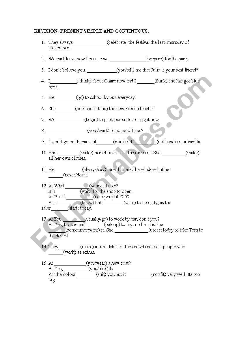 PRESENT SIMPLE AND CONTINUOUS worksheet