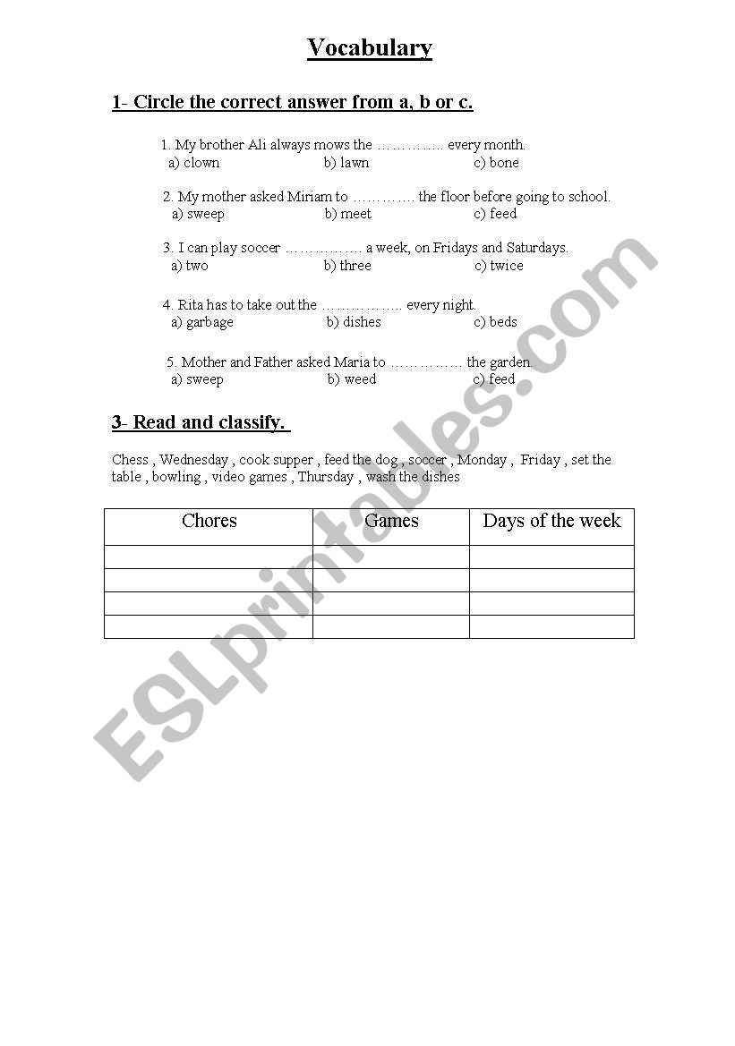 Vocabulary worksheet