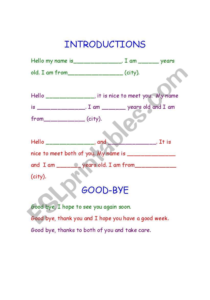 Introductions and Good-Bye worksheet