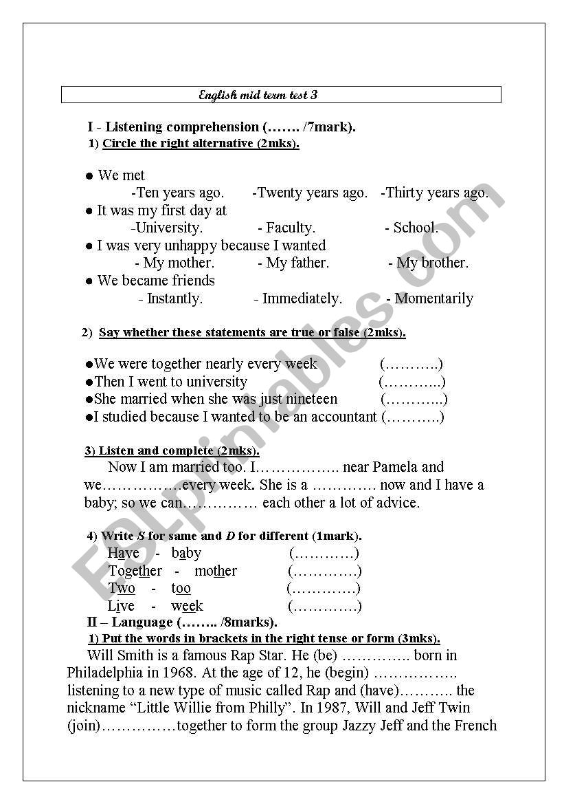 exam worksheet