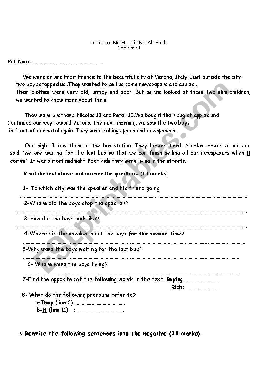 Reading and language quizzes worksheet