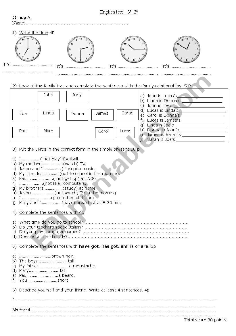 9 grade Test worksheet