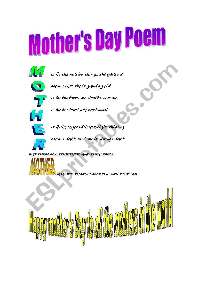 English Worksheets: Mother´s Day Poem