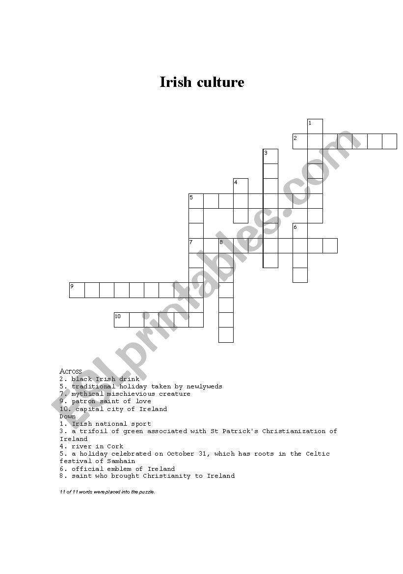 Crossword Irish cultura worksheet