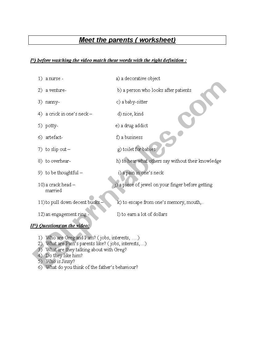 Meet the parents worksheet