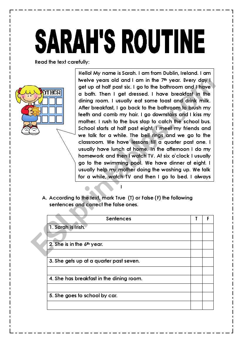 SARAH´S ROUTINE - ESL worksheet by macomabi