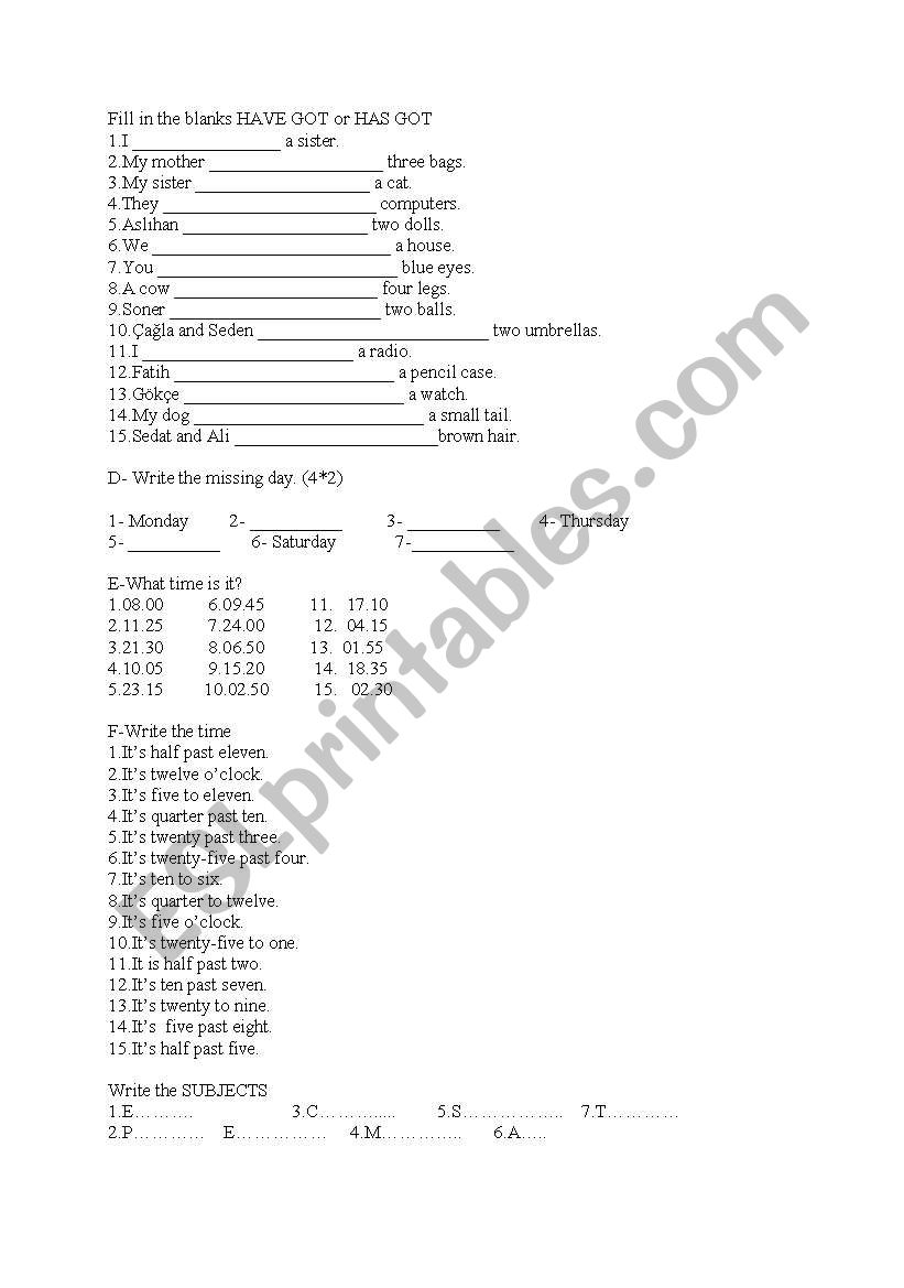 have got/has got,days,times worksheet