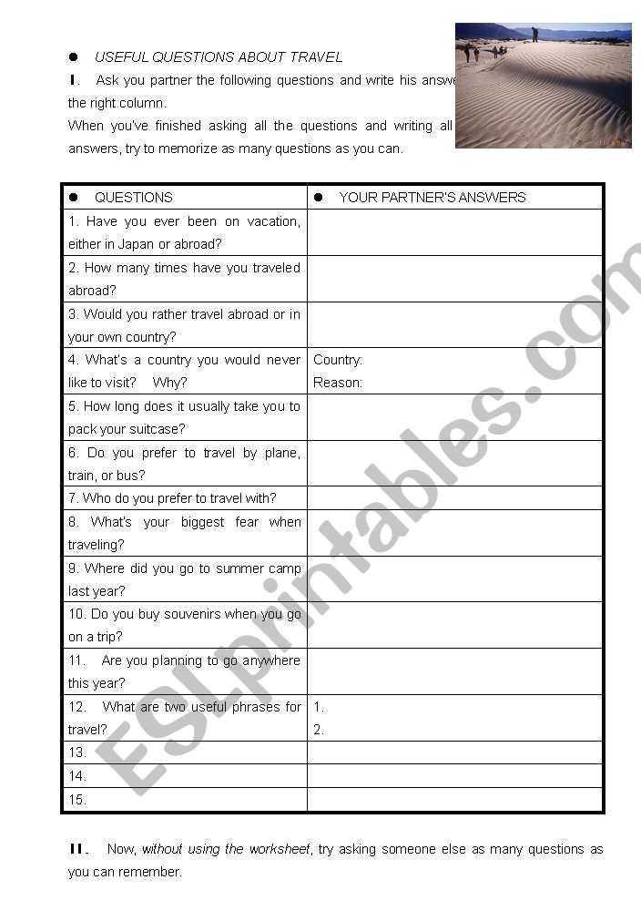 Travel Questionaire  worksheet