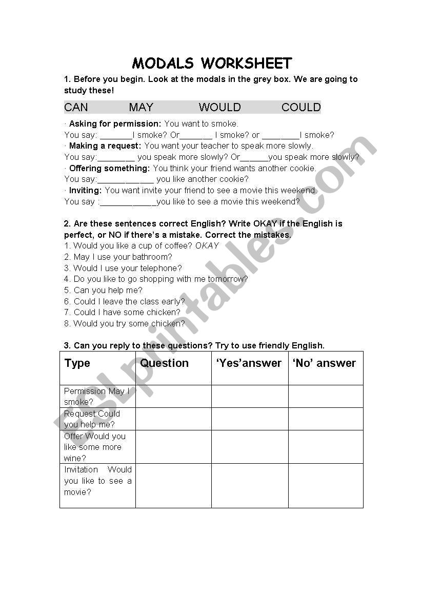 modals worksheet + teachers note