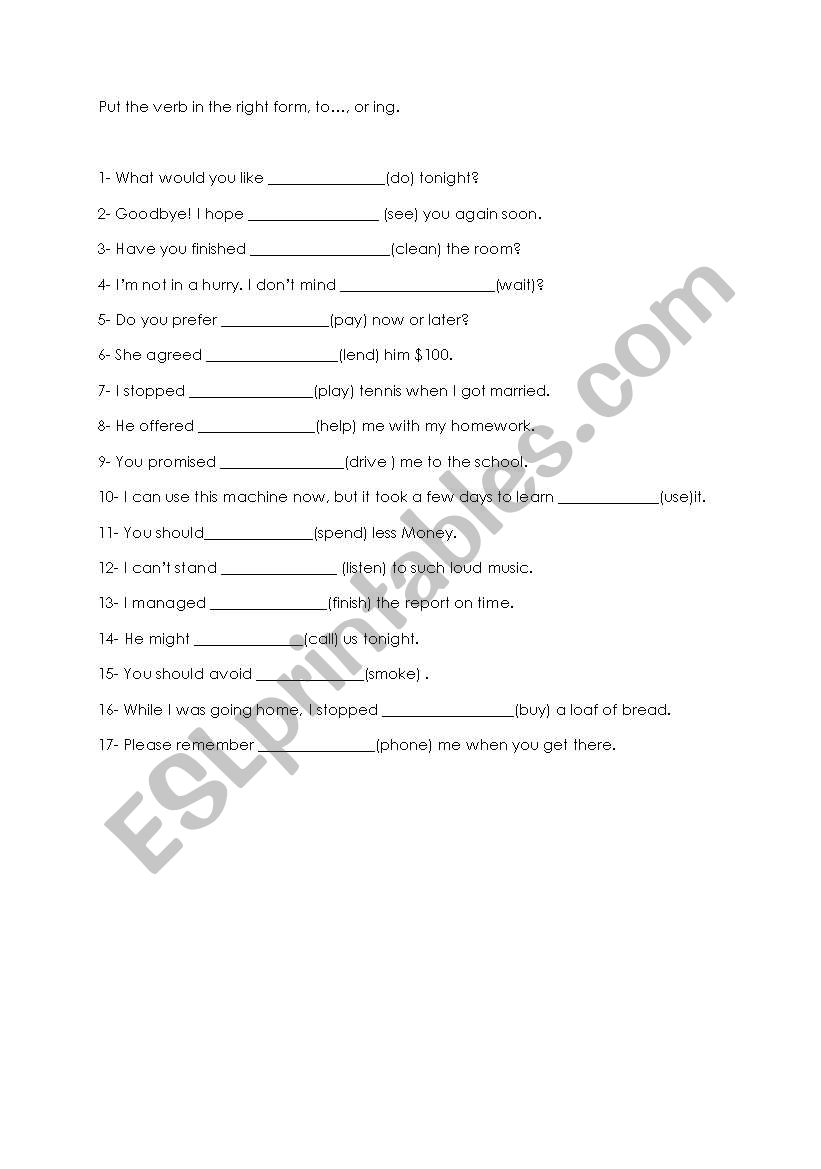 infinitives and gerunds  worksheet