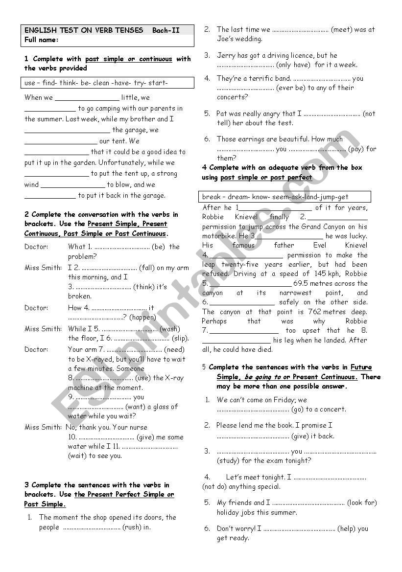 EXAM ON  VERB  TENSES worksheet