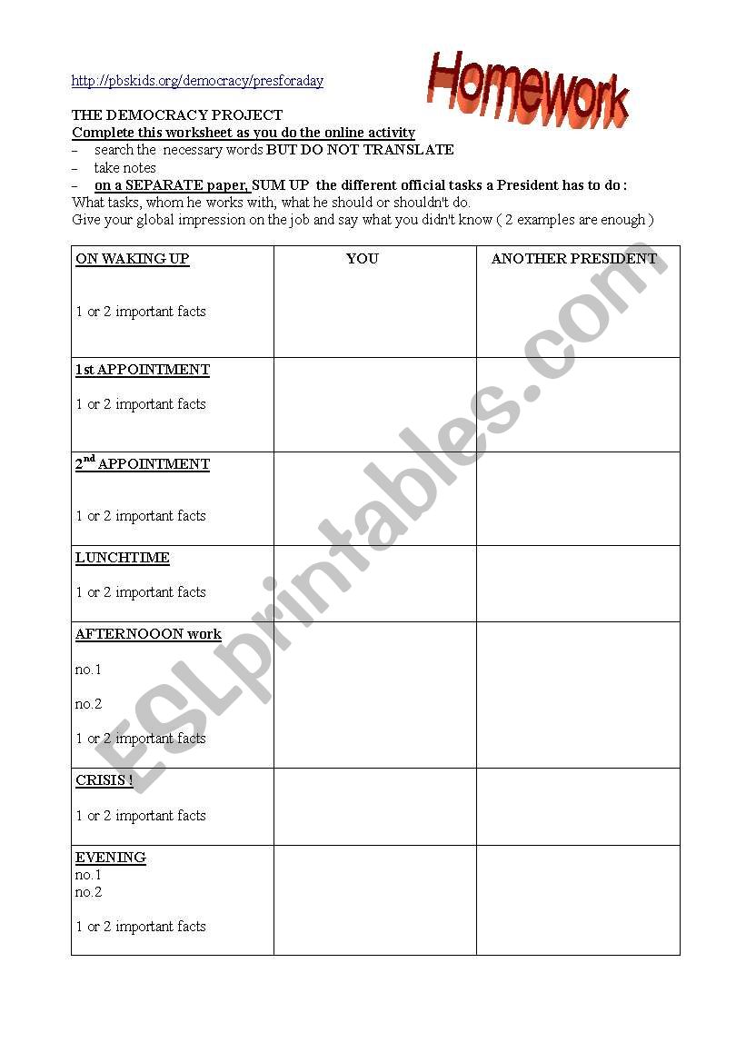 President for a day worksheet worksheet