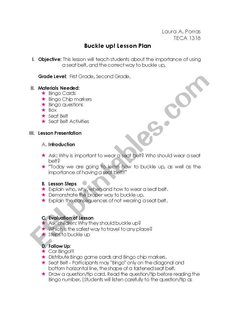 buckle up lesson plan worksheet