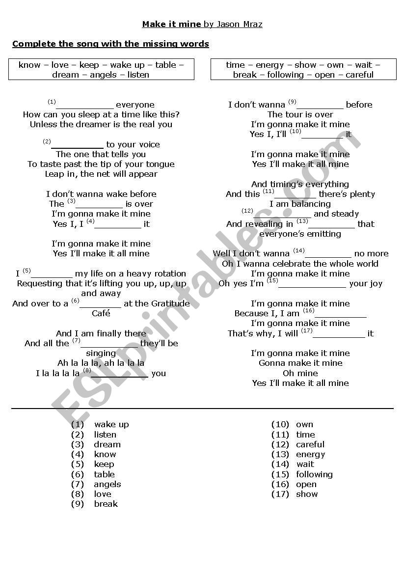 Jasons Song MAKE IT MINE worksheet