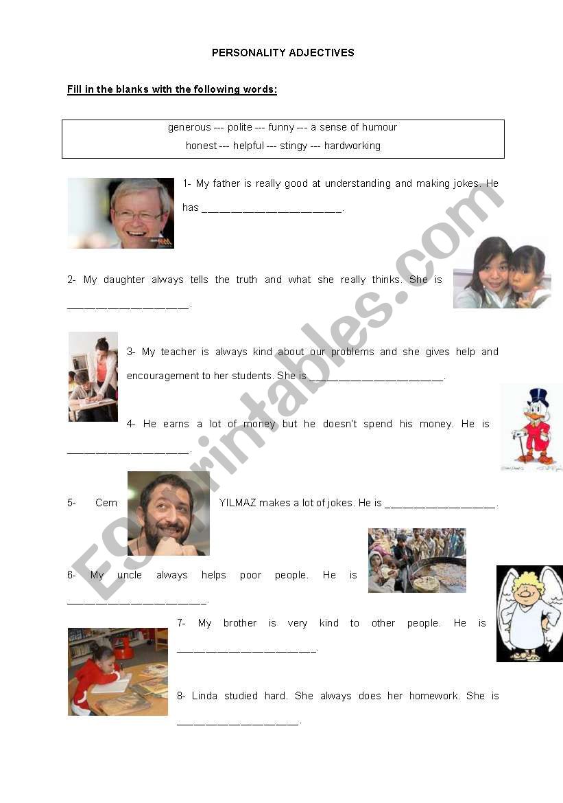 Personality adjectives worksheet