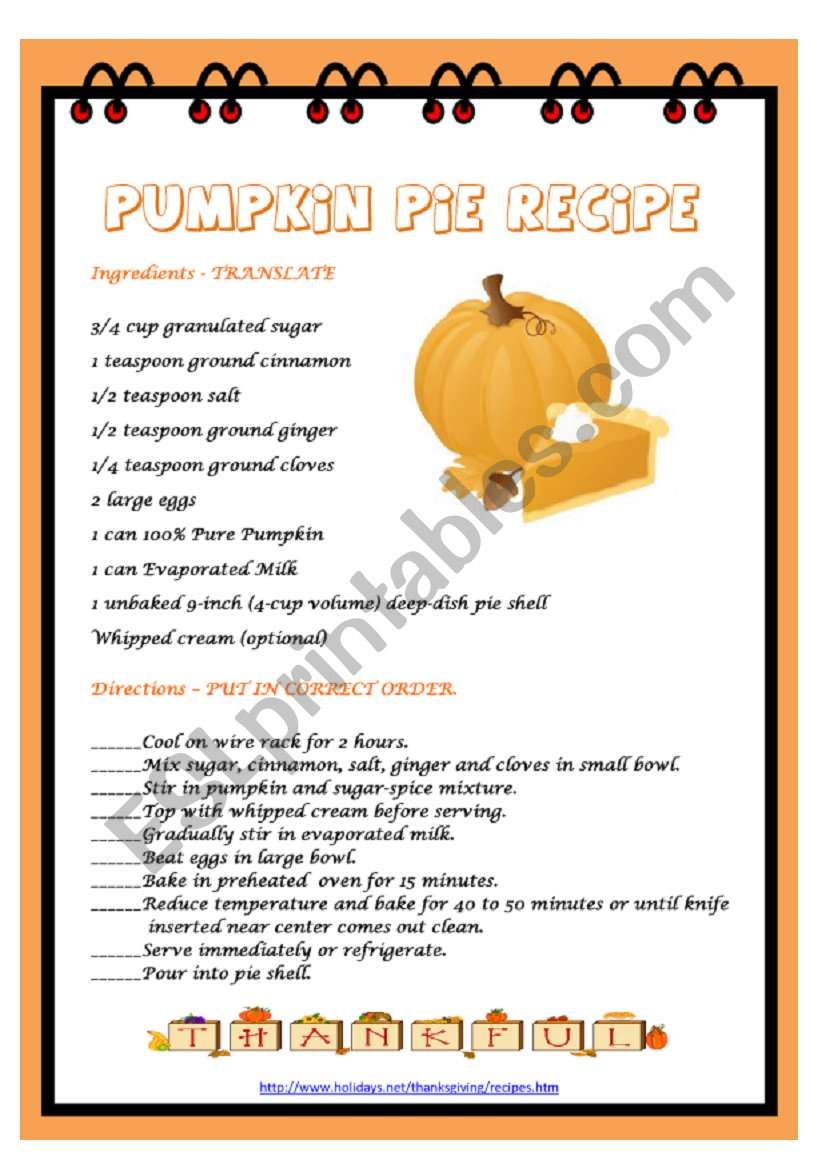 Pumpkin Pie Recipe Esl Worksheet By Borna