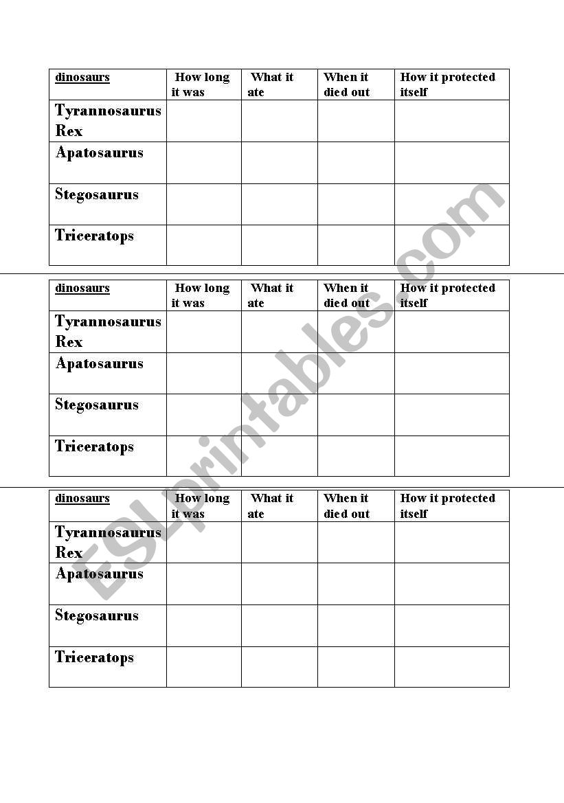 dinosaurs table worksheet worksheet