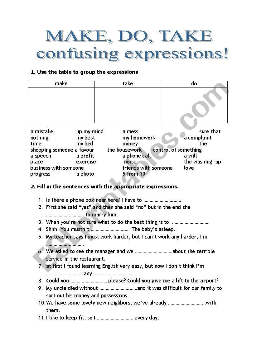 Make Do Take Confusing Expressions ESL Worksheet By Papuch