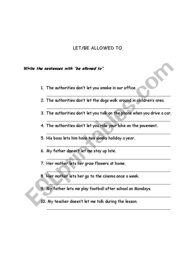 LET/BE ALLOWED worksheet