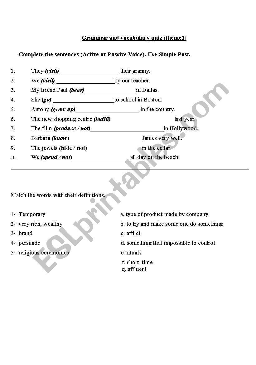 grammar and vocab quiz worksheet