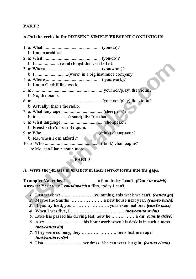 simple present and continuous worksheet
