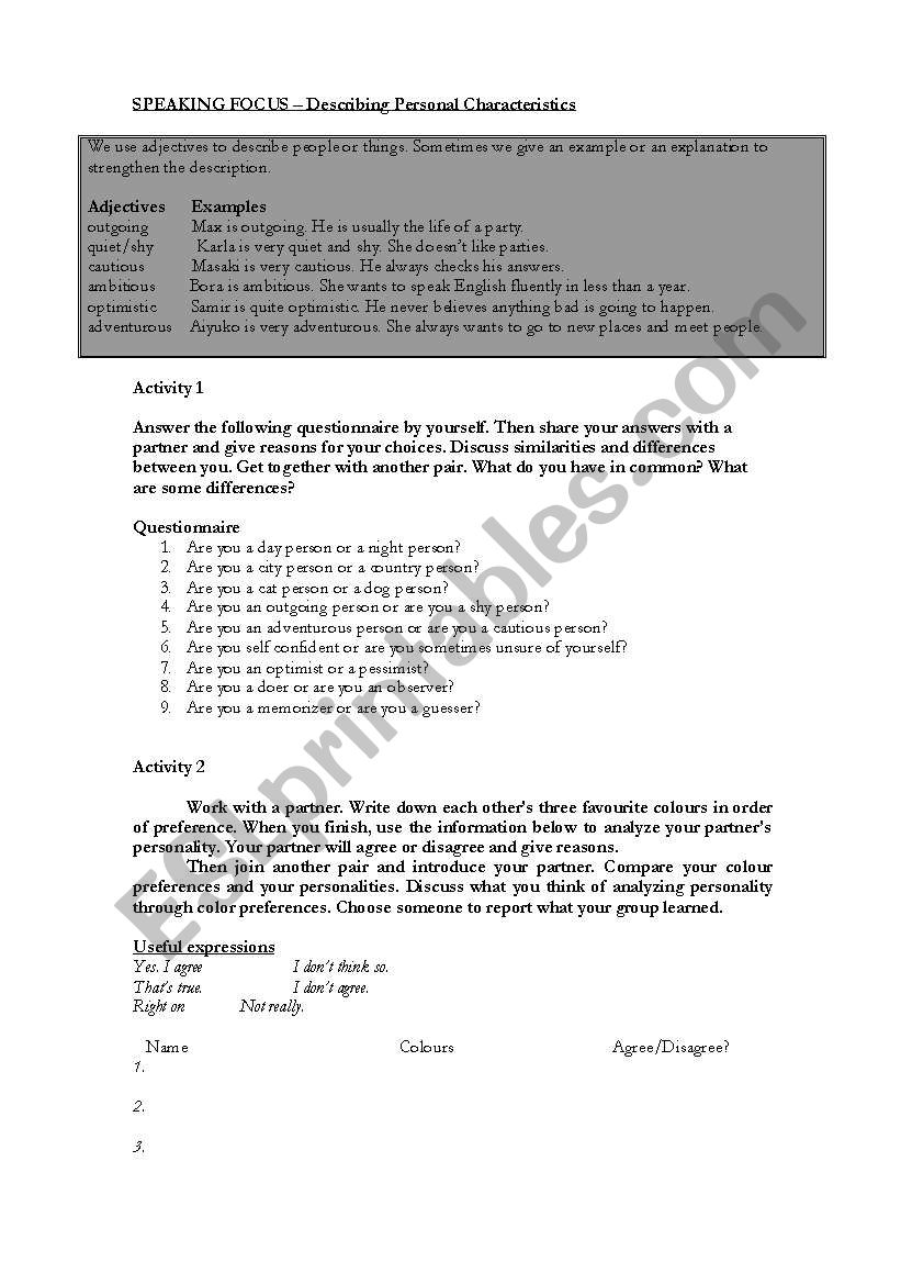 Speaking Focus - describing personal characteristics 