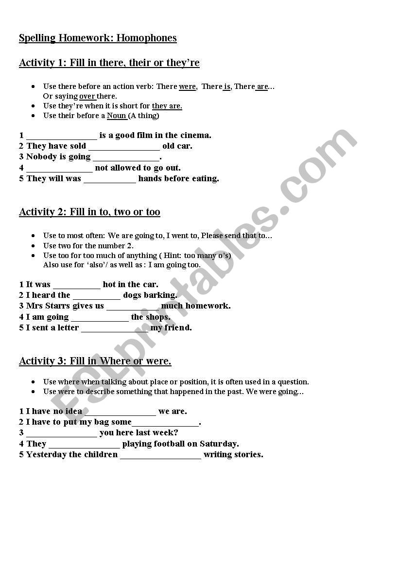 Homophones worksheet