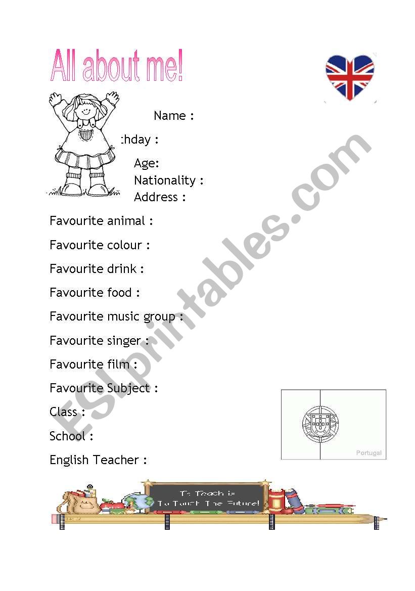 All about me girl Identity worksheet