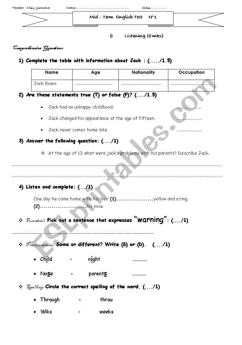 mid-term english test worksheet