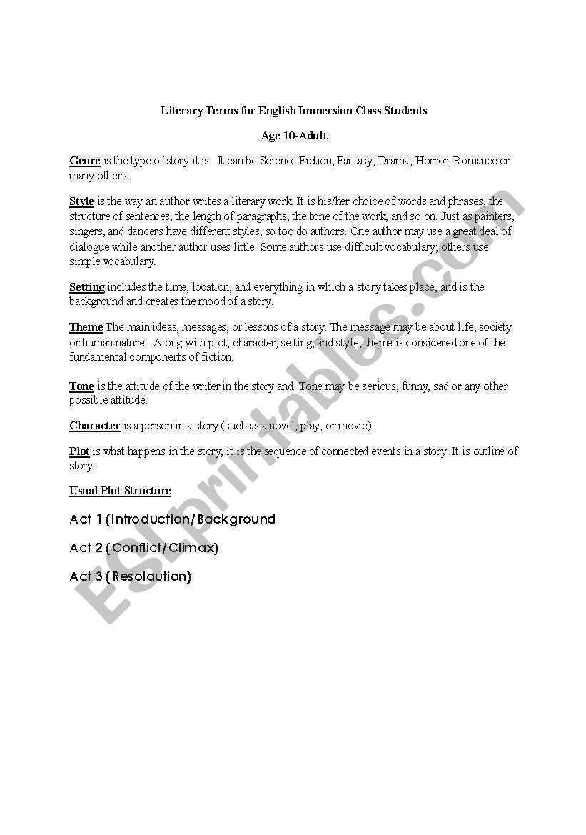 ESL Literaray Terms worksheet