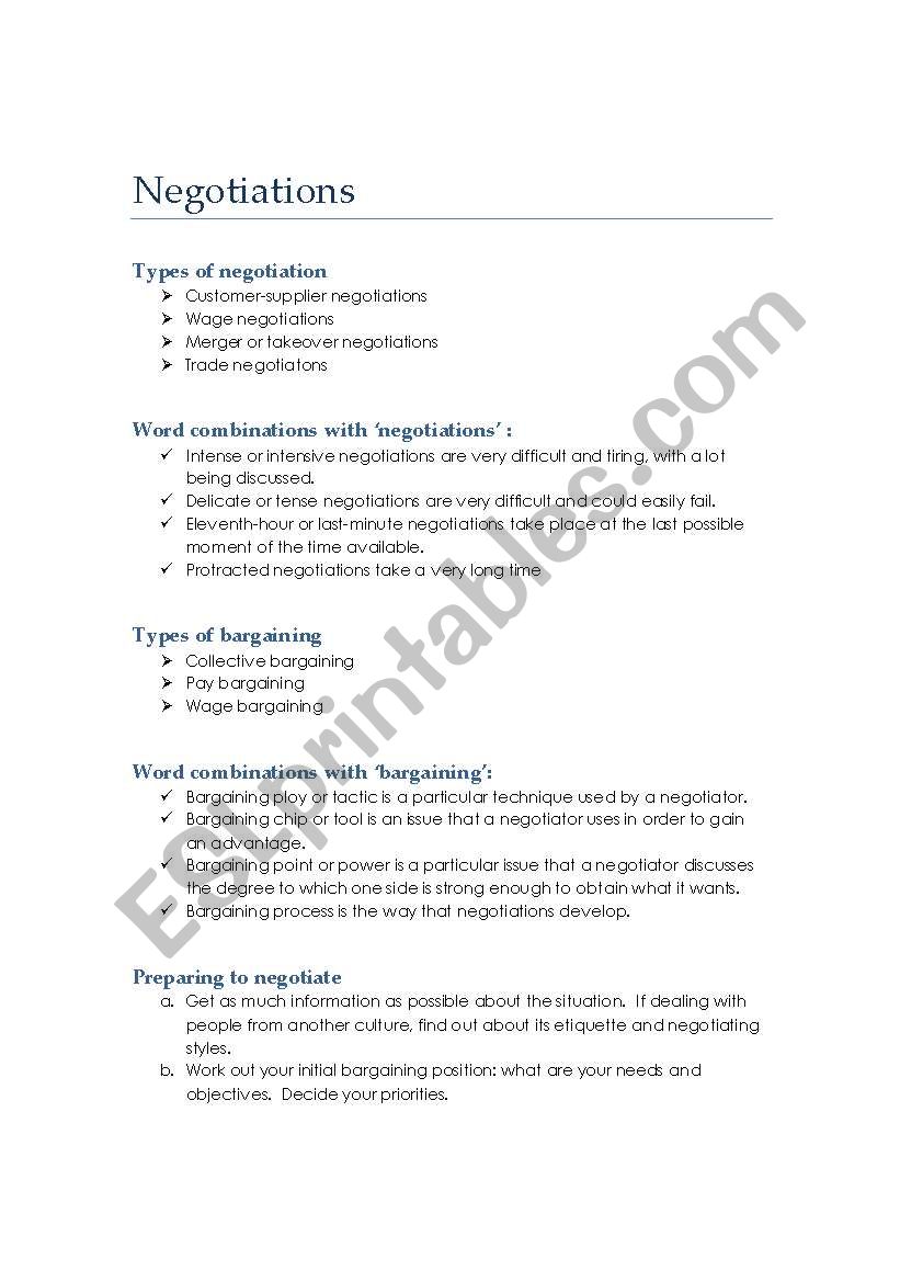 Negotiations  worksheet