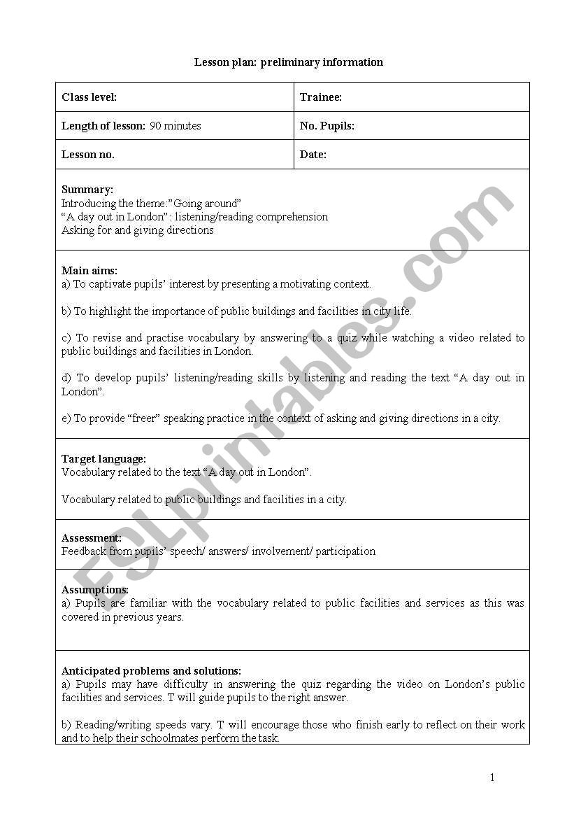 Teaching the directions (detailed lesson plan of 8 sheets)